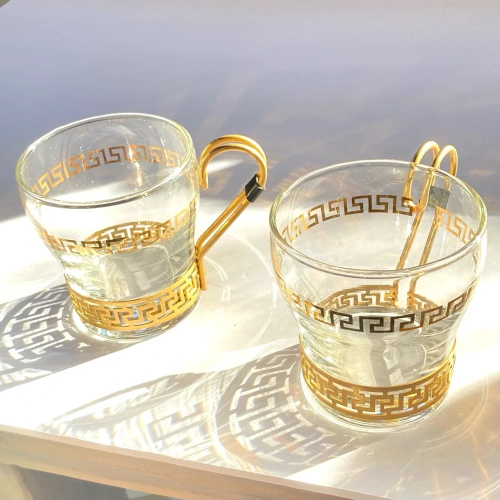 Vintage 1960s LIBBEY Hollywood Regency Greek Key 2 Glasses Key Metal Handles